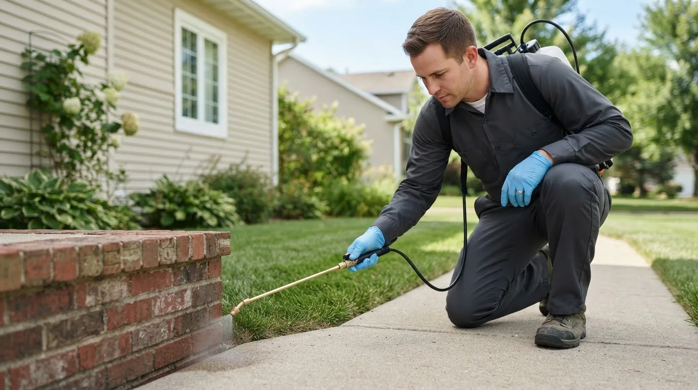 Pest control technician treating a home near Lanesville, IN
