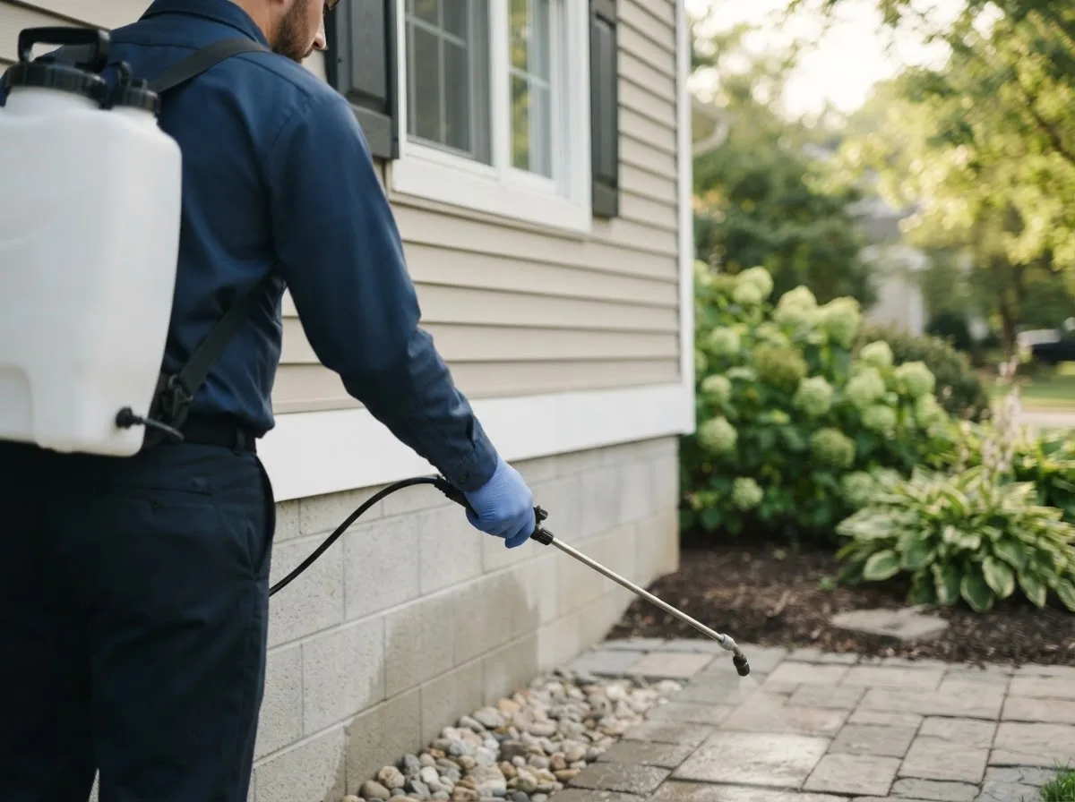 Pest control technician inspecting a home in Lanesville, IN